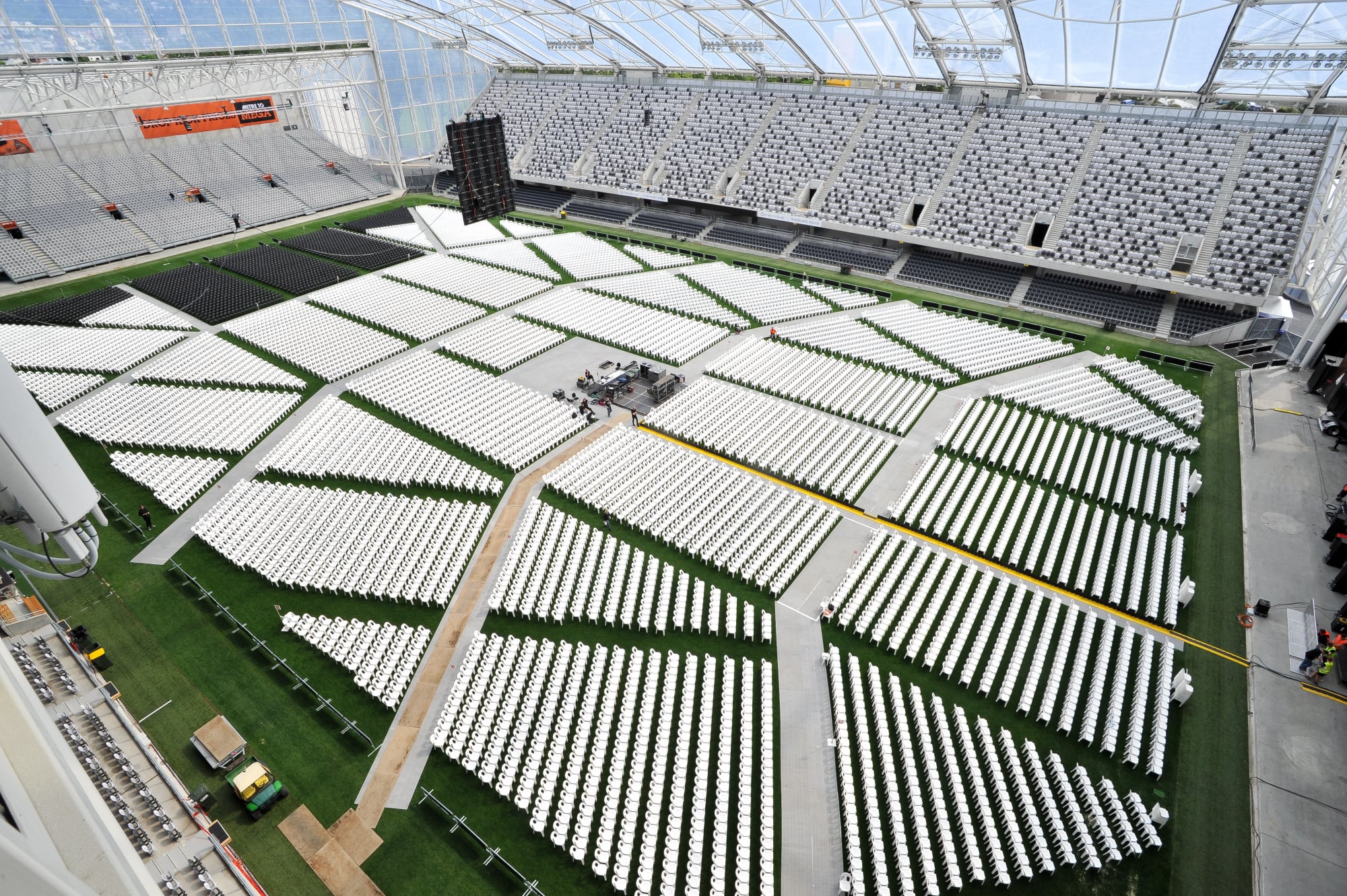 Concert seating and stage setup at Forsyth Barr Stadium in Dunedin before doors open.
