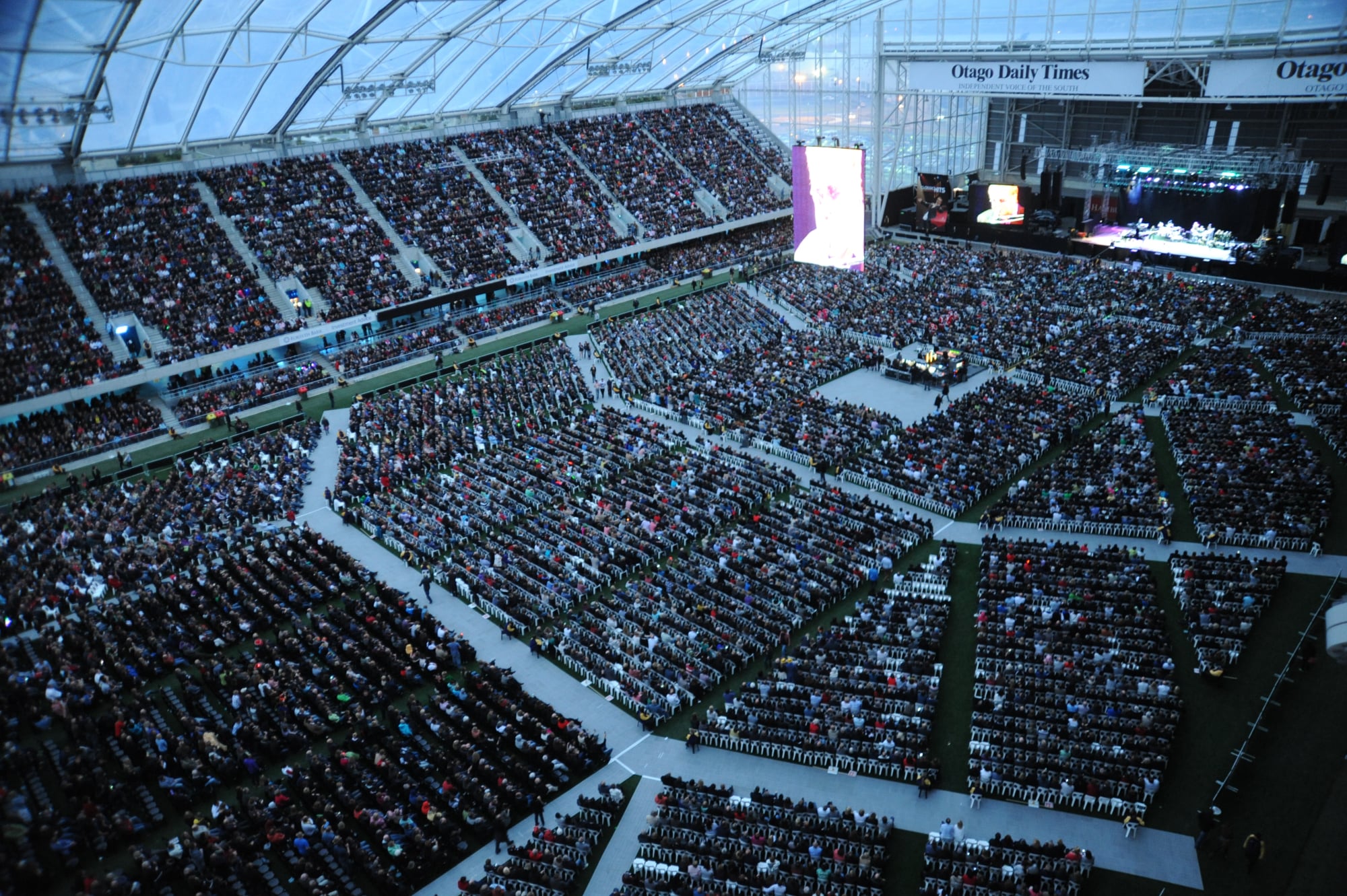 Wide crowd view of Elton John performing at Forsyth Barr Stadium in Dunedin.