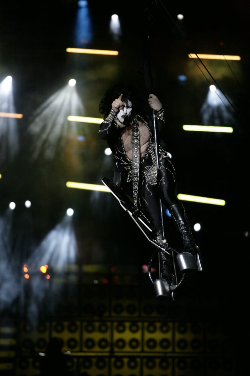 Paul Stanley of KISS performing above the stage at Rock2Wgtn at Westpac Stadium in Wellington. Hover text: