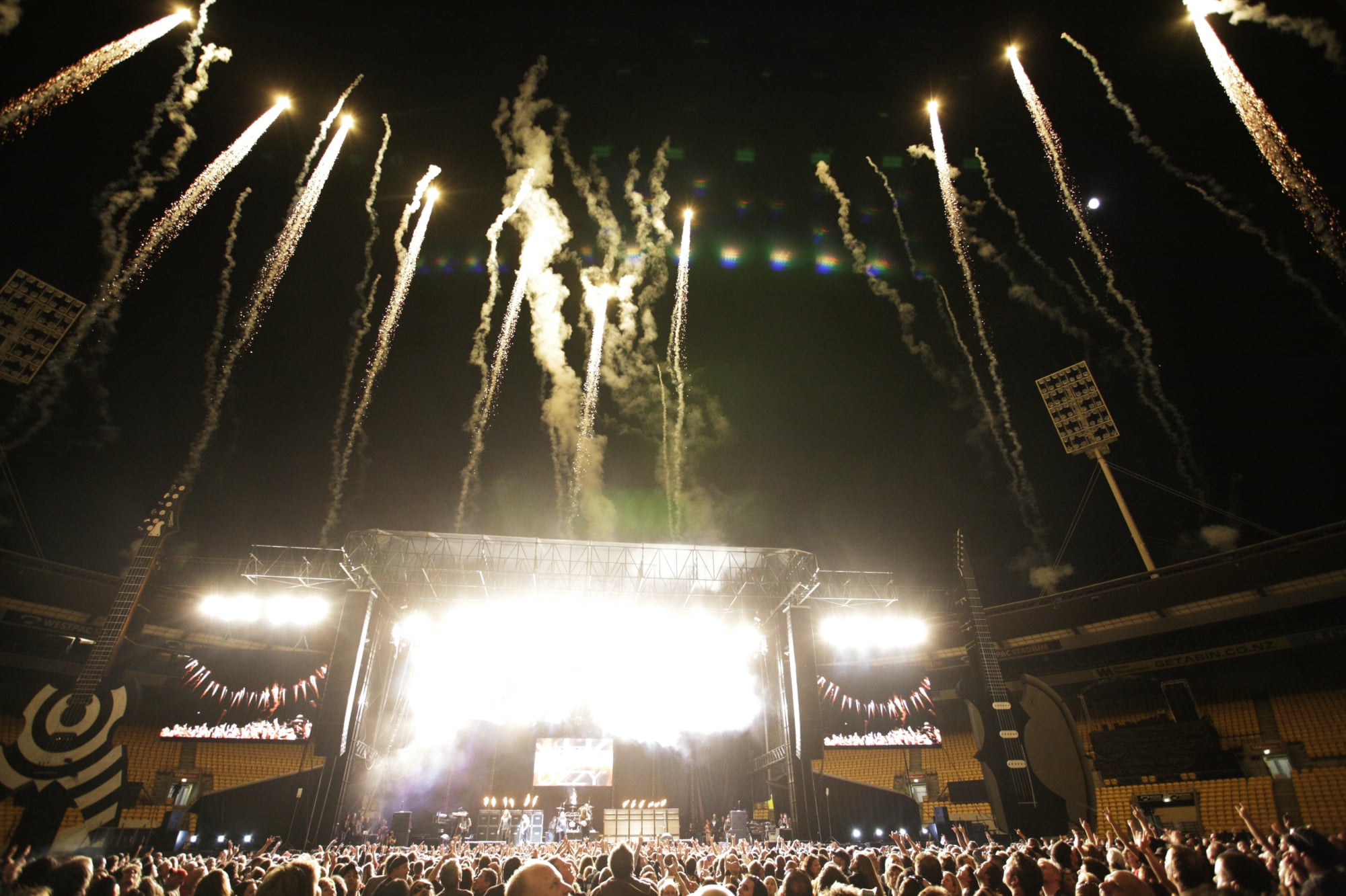 Ozzy Osbourne on stage with pyrotechnics at Westpac Stadium during Rock2Wgtn, live concert production by Capital C: Concerts / KnotArt, Wellington, New Zealand